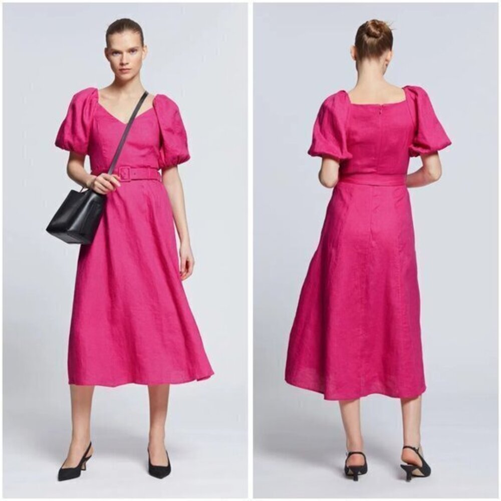 & Other Stories Linen Puff Sleeve Midi Dress in Magenta Pink Size 2